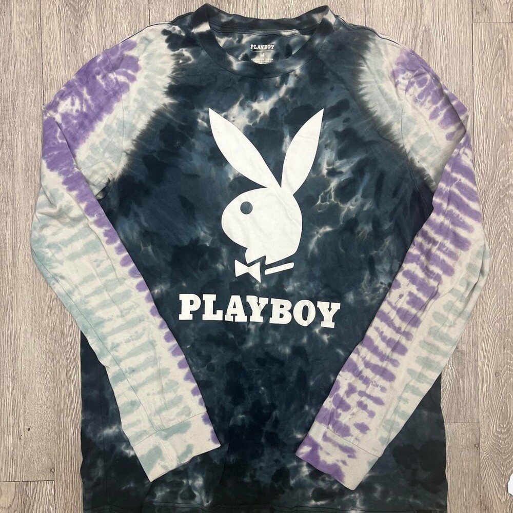 Playboy tie-dye long sleeve shirt with purple, black, and light blue swirls M